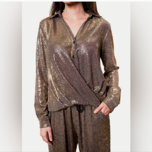 NWT $680 Chloe Kristyn 2 Pieces Sequin Gold Pants and Button Down Blouse Size L - Picture 10 of 14